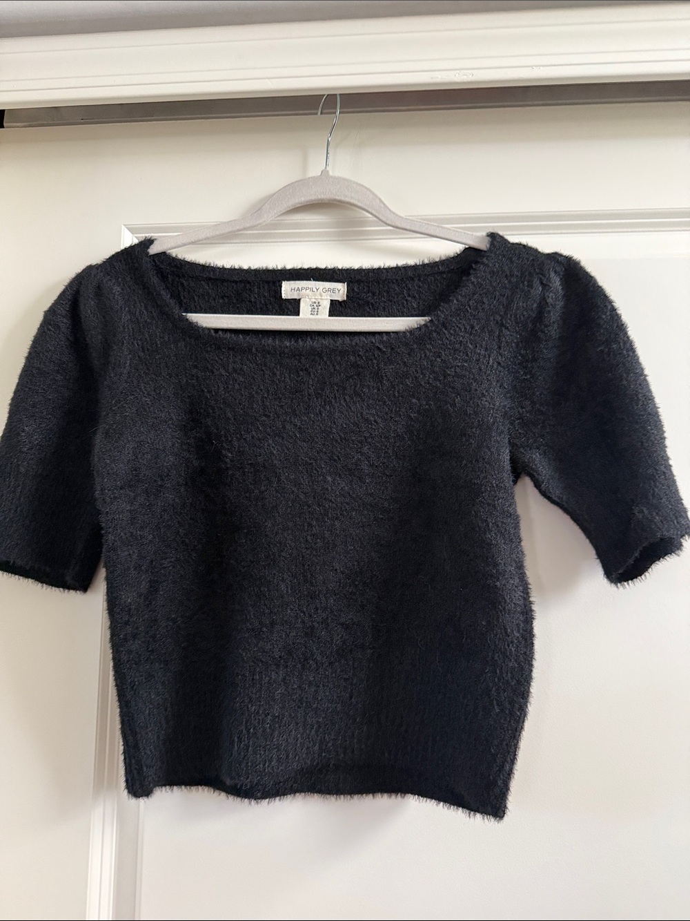 Happily Grey Black Fuzzy Short-Sleeve Scoop Neck Sweater